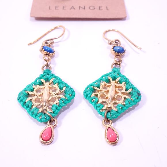 Neiman Marcus Majestic Cabochon Turq RED Green Woven Cabochon Earrings NWT 178 - Picture 5 of 6